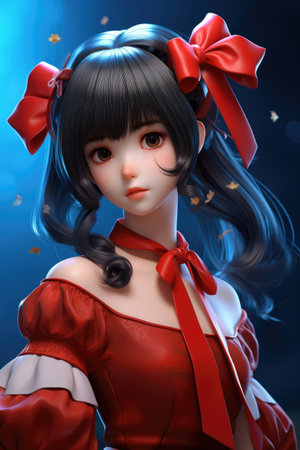 a doll with a red dress and a red bowの素材