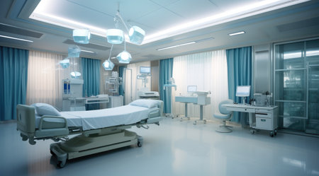 a hospital room with a bed and medical equipmentの素材