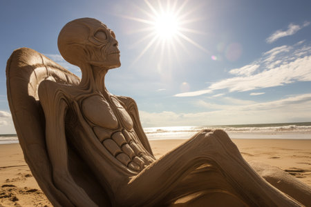 a statue of a person on a beach with the sun in the backgroundの素材