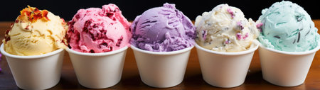a group of white cups with pink and white ice cream in themの素材