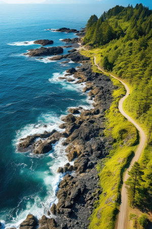 a road next to a body of waterの素材