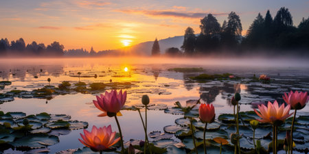 a group of flowers in front of a body of waterの素材