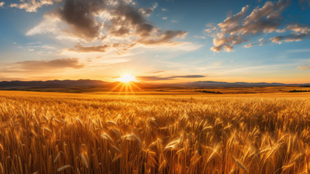 a field of wheat with the sun setting in the backgroundの素材