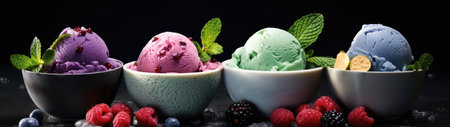 a group of bowls with different colored ice cream in themの素材