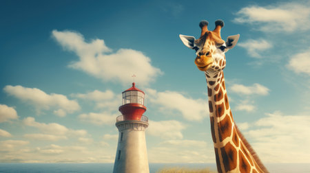 a giraffe stands in front of a lighthouseの素材
