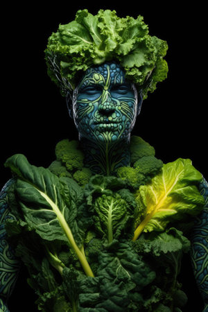 a statue of a person surrounded by lettuceの素材