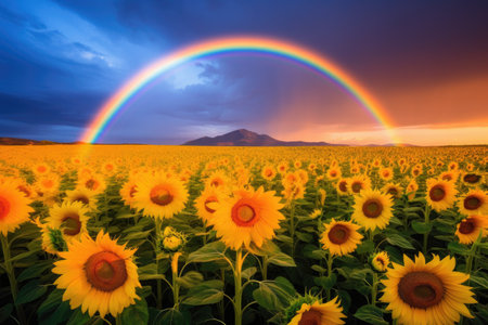 a rainbow over a field of sunflowersの素材