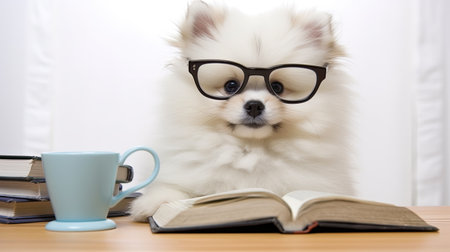 a dog wearing glasses and reading a bookの素材