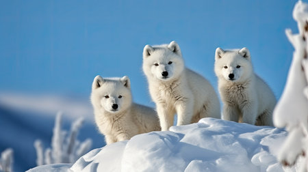 a group of white wolves in the snowの素材