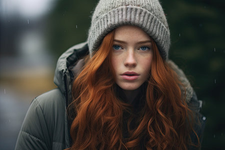a person with long hair wearing a beanie and a grey jacketの素材