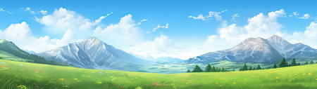 a grassy field with mountains in the backgroundの素材