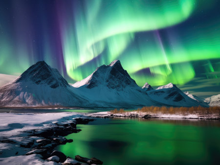 a snowy mountain and a green aurora in the skyの素材