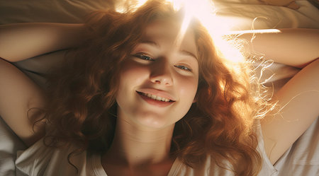 a woman lying on a bedの素材
