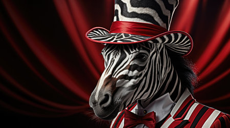 Close-up portrait of a funny zebra in a top hat.の素材
