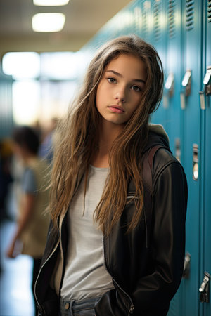 a girl standing in front of blue lockersの素材