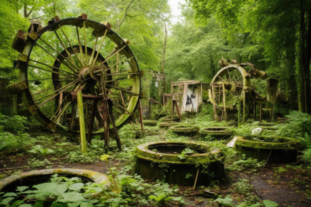 a large metal wheels in a forestの素材