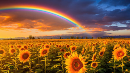 a rainbow over a field of sunflowersの素材