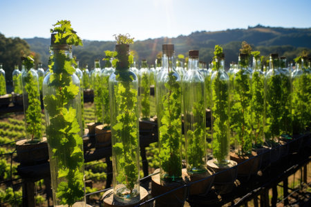 a group of glass bottles with plants growing in themの素材
