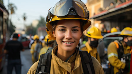 a woman wearing a helmet and a backpackの素材