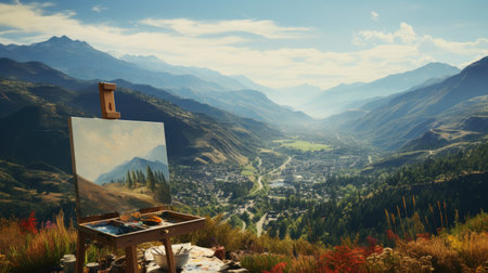 a painting on a canvas in front of a valleyの素材