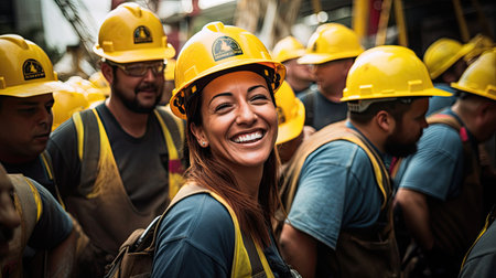 a group of people wearing hard hatsの素材