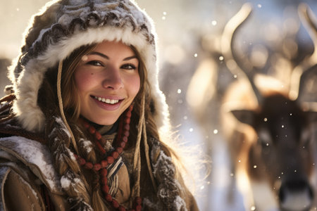 a woman smiling in the snowの素材