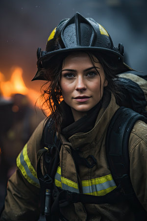 a woman wearing a firefighter uniformの素材