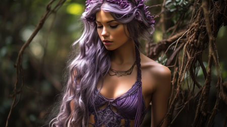 a woman with purple hair and purple dressの素材