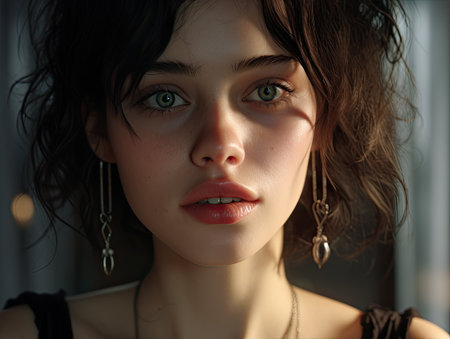 a woman with curly hair and earringsの素材