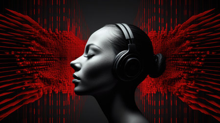 a woman wearing headphonesの素材