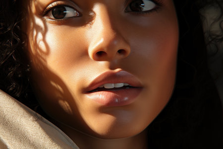 a close up of a woman's faceの素材