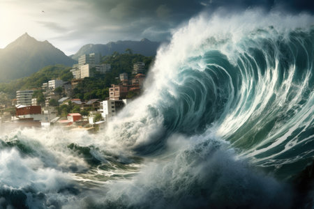 a large wave crashing into a cityの素材