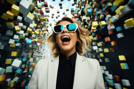 a woman wearing sunglasses and laughingの素材