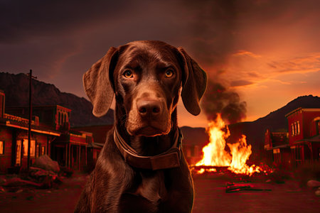 a dog in front of a fireの素材