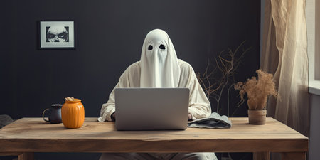 a person in a white garment with a laptopの素材