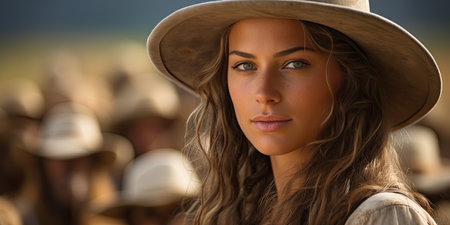 a woman with long hair wearing a hatの素材