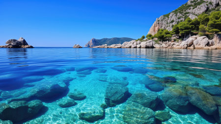 a clear blue water with rocks and treesの素材