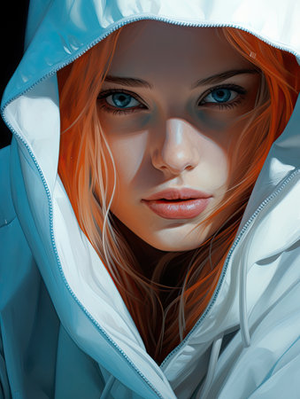 a woman with red hair wearing a hoodieの素材