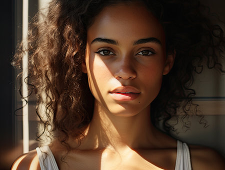 a woman with curly hair and a white tank topの素材
