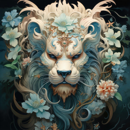 a lion with flowers and leavesの素材