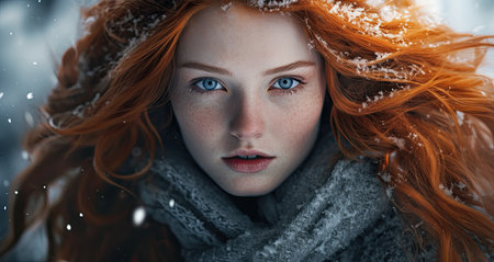 a woman with red hair and freckles wearing a scarfの素材