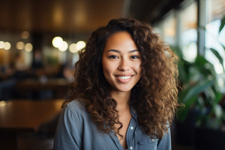 a woman with curly hair smilingの素材