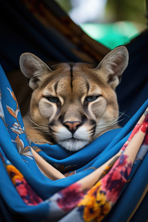 a cougar lying in a hammockの素材