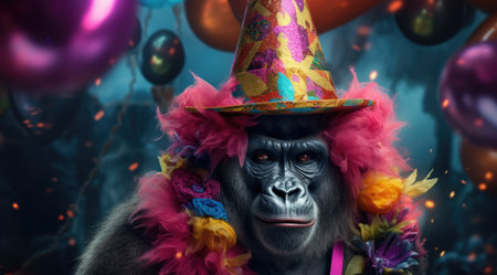 a gorilla wearing a party hat and flower necklaceの素材