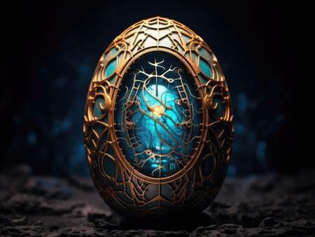 a gold and blue egg with a blue oval insideの素材