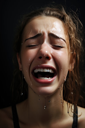 a woman crying with water dripping on her faceの素材