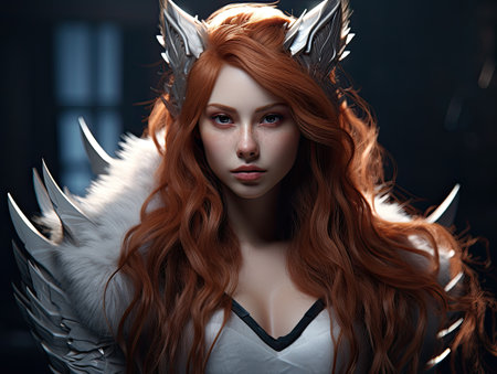 a woman with long red hair and white fur coatの素材