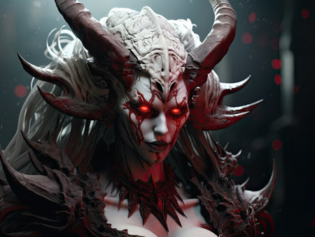 a woman with horns and red eyesの素材