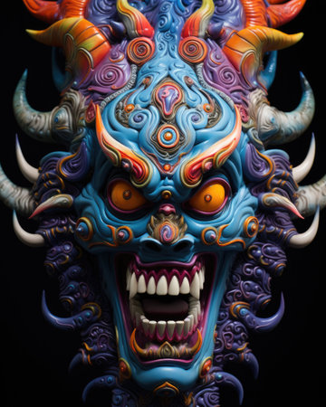 a blue and orange mask with sharp teethの素材