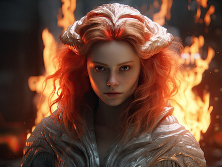 a woman with red hair and a silver coatの素材